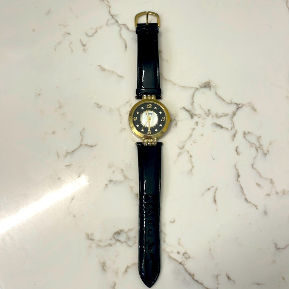 Cache black patent leather watch with black and mother of pearl face